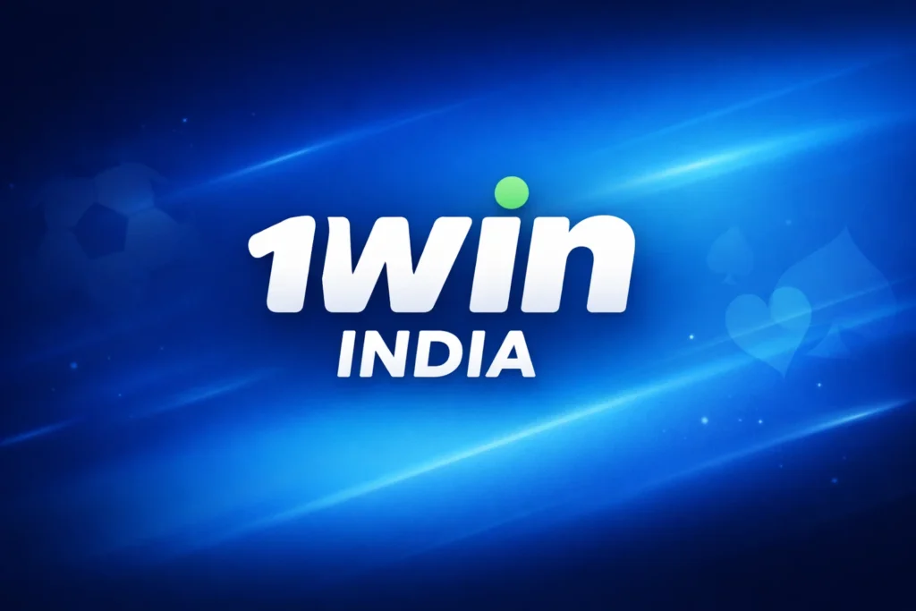 1win India cricket promotion featuring a batsman swinging powerfully in a stadium spotlight with glowing 1win logo and rupee symbols on a dark blue background