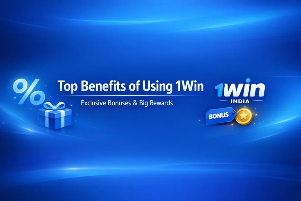 1win India bonuses advertisement with a blue gift box, sparkling effects, percentage symbols, and glowing 1win logo on a smooth blue gradient background